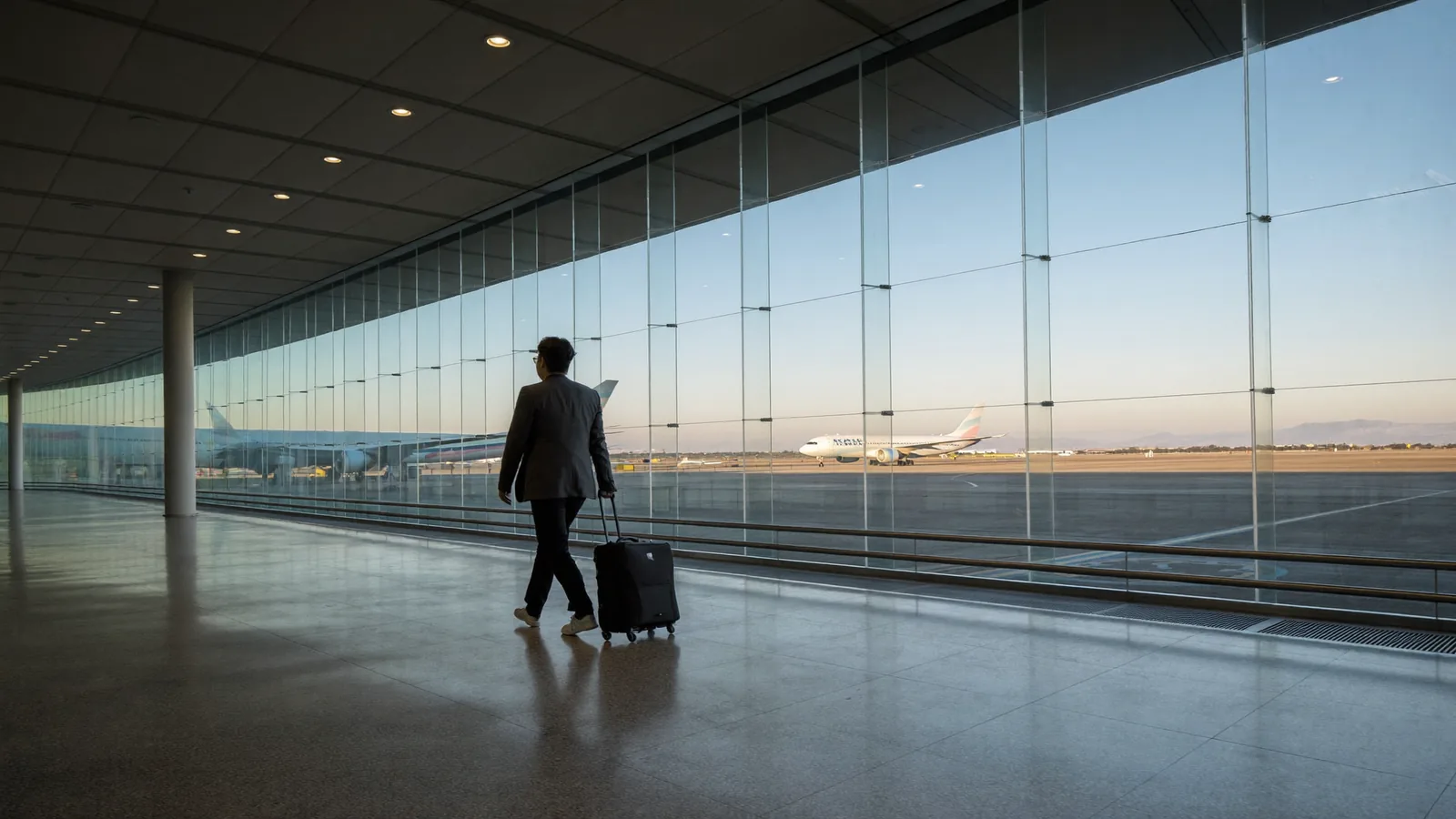 A business traveller walking through an empty airport terminal at dawn, aircraft on the apron beyond the glass