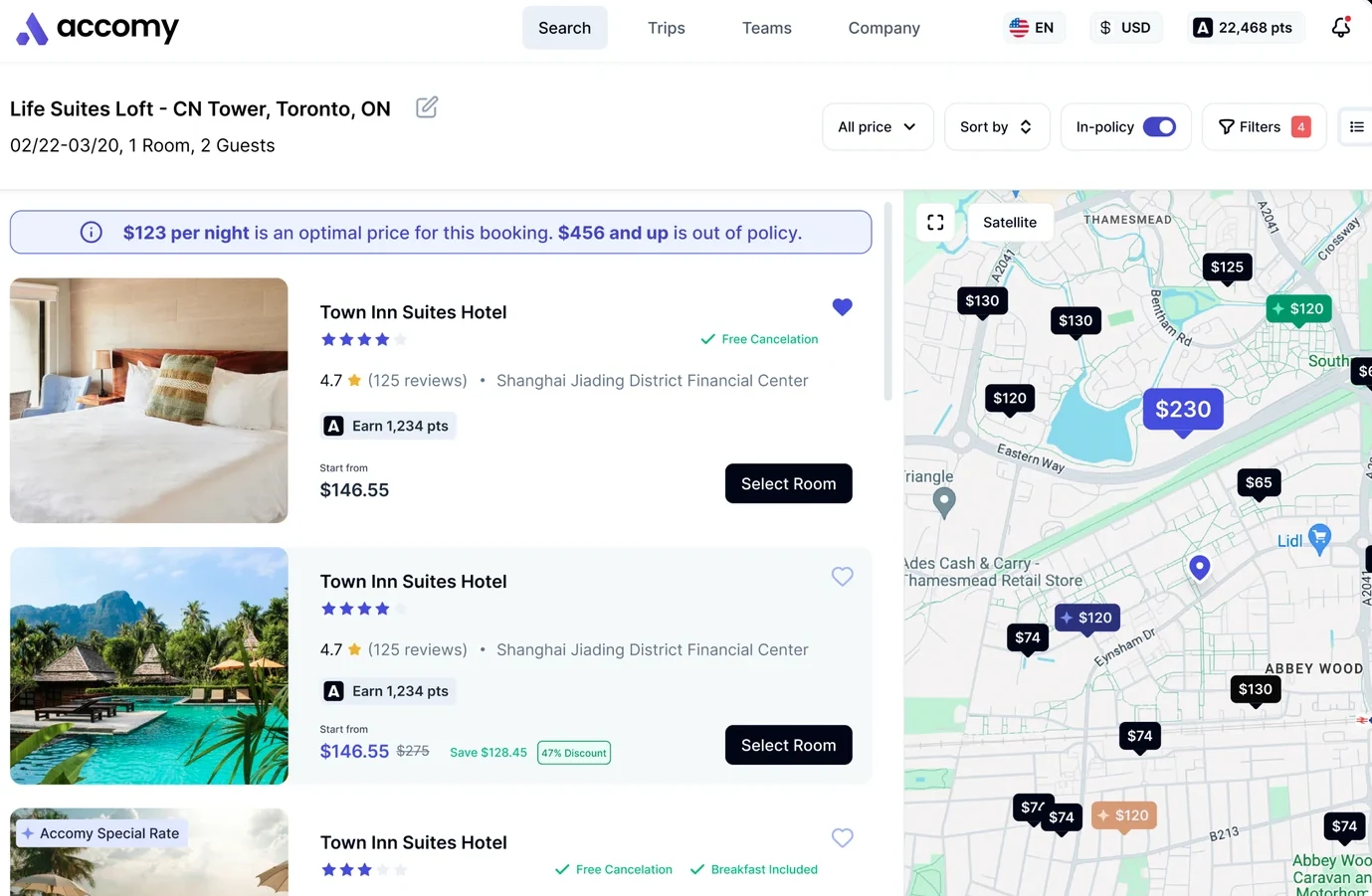 The Accomy booking tool — hotel search results with in-policy pricing